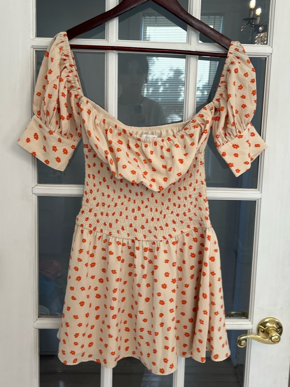 SABO SKIRT Women's Cream & Red Floral print Off Shoulder Smocked Mini Dress
